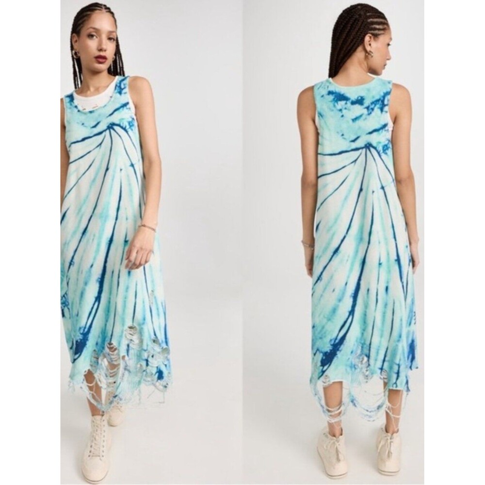 R13 Blue Tie Dye Destroyed French Terry Knit Tank midi Dress Punk Boho Sz Small